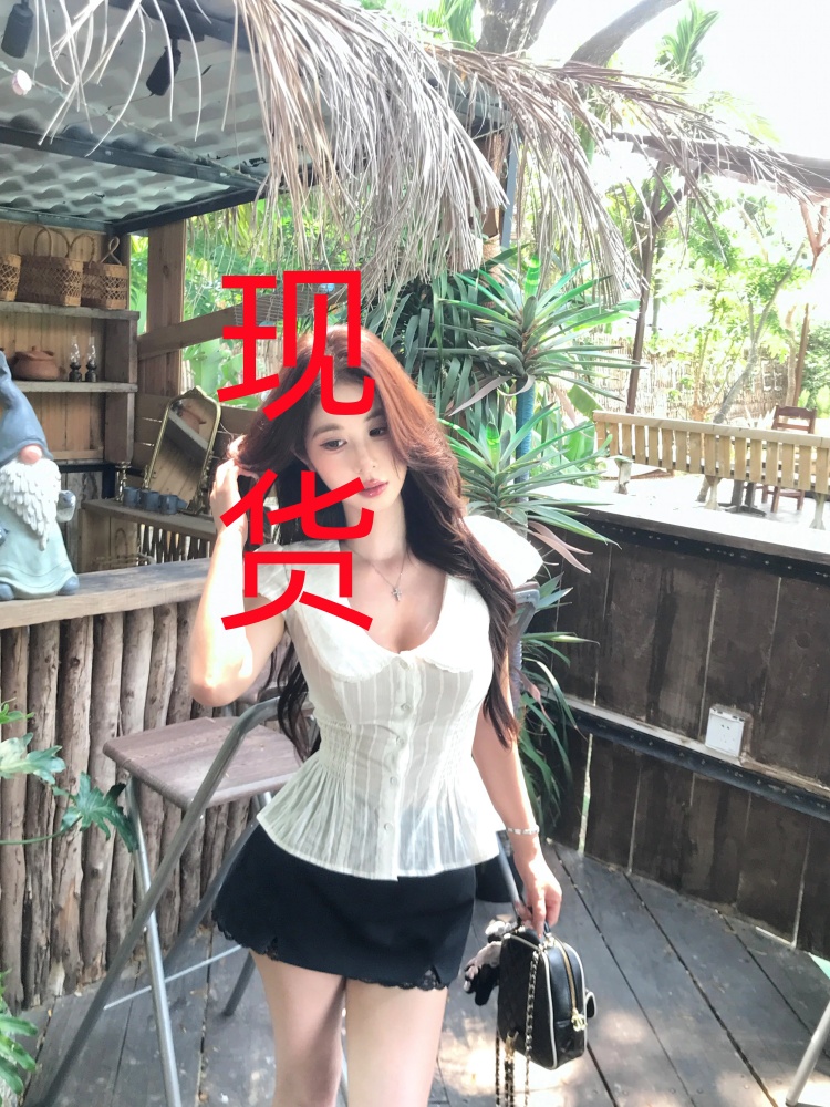 mejiu 꿀 나인 치자 나무 부드러운 만남 여름 miu 부서 달콤한 매운맛 바람 프릴 여성 셔츠 여름 꼬집기 허리 분위기 센스 맨위