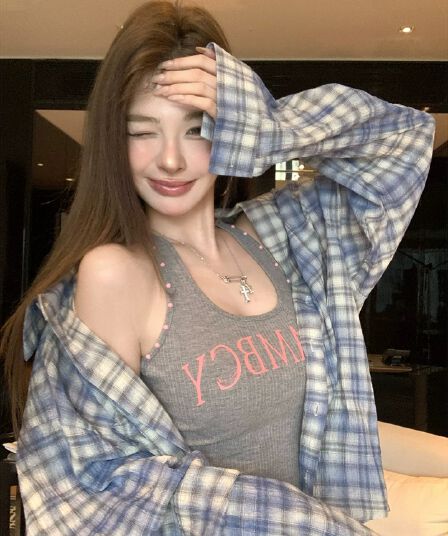 itookgiii 丨 느긋한 아메리칸 파란색 체크무늬 자외선 차단 셔츠 여성 코트 여름 핫걸 슬립 스택 착용 맨위