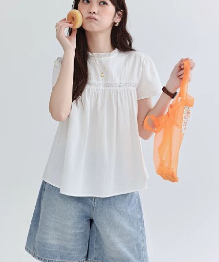 북섬 amuu 오리지널 화이트 홀로우 아웃 자카드 순면 여성 셔츠 여름 새로운 레이스 칼라 반팔 맨위