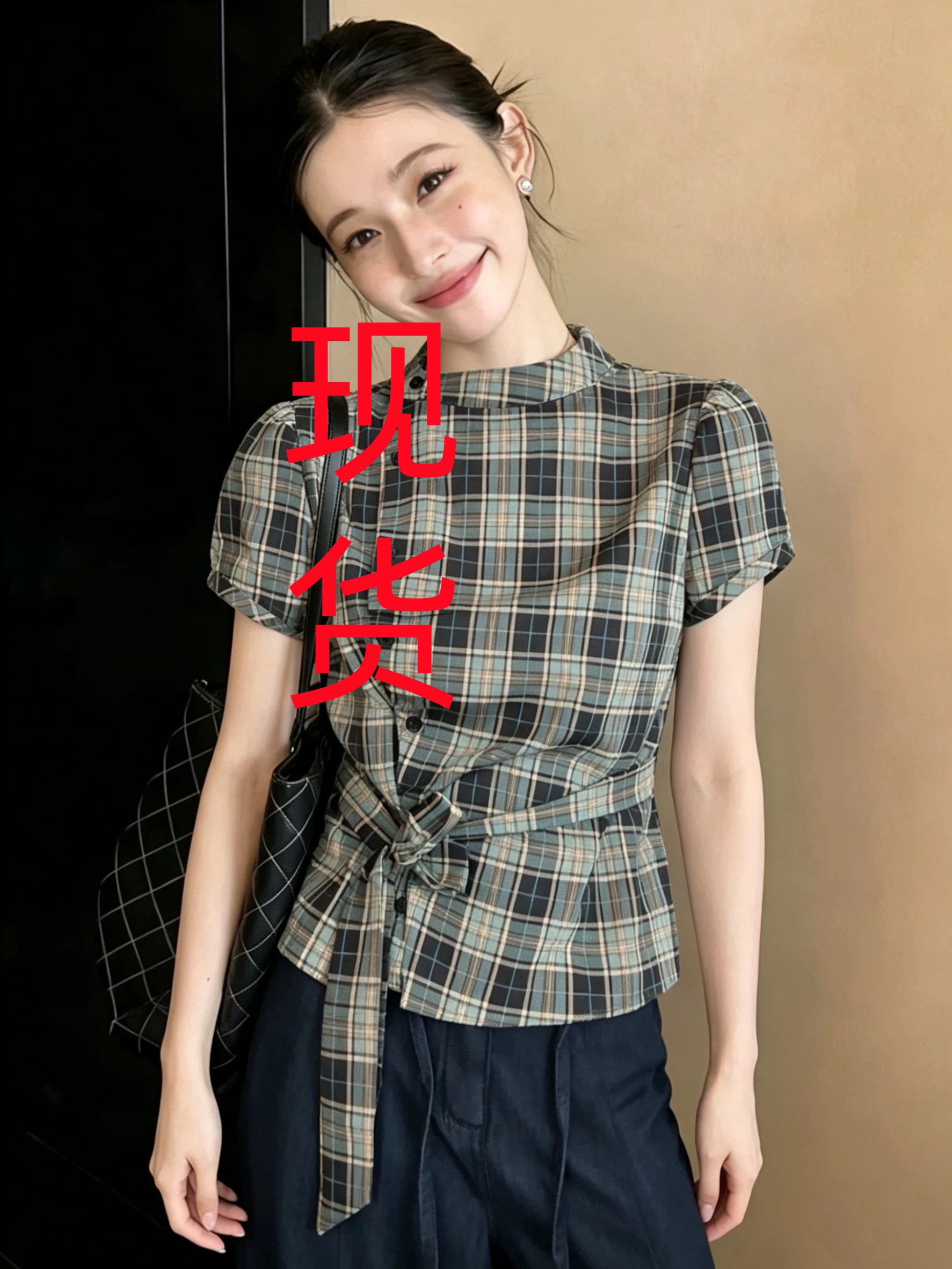 한 부서 오래된 돈 바람 캐주얼 레트로 체크무늬 여성 셔츠 여름 새로운 반팔 허리 수축 레이스업 몸매 가꾸기 슬림해 보이는 맨위