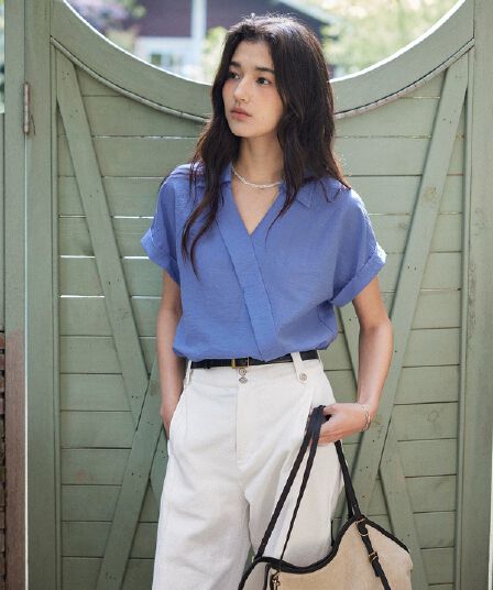 5 21 원점 신제품 9 접기 solighter 프랑스식 아마 혼방 V넥 반팔 여성 셔츠 여름