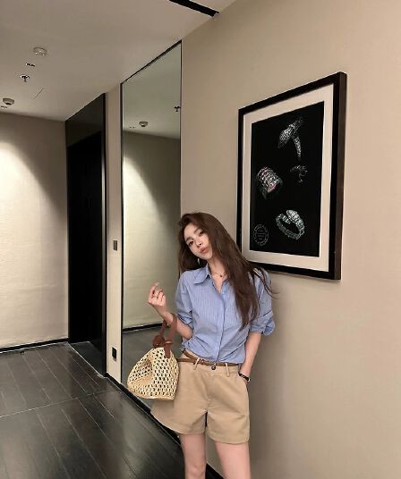 lilylikes 장기 지배 셔츠 높은 지점 100 고급 빗질된 면 3 차원 핀치 Pleat 허리 수축 스트라이프 셔츠