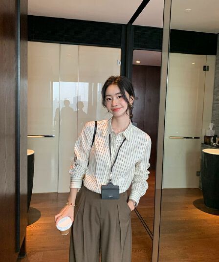 maven lin 제인 우아한 지성 품격 핑크색 스트라이프 긴팔 여성 셔츠 고급 센스 출퇴근 루즈핏 셔츠