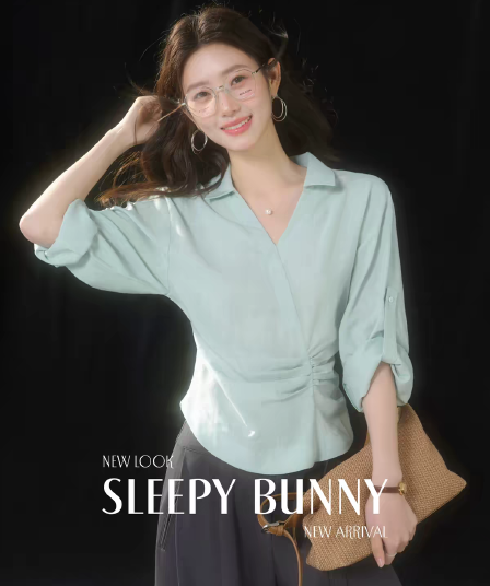 sleepybunny 박하 녹색 프랑스식 V넥 허리 수축 긴팔 여성 셔츠 여름 라이 경기 서울 출퇴근 외출용 맨위