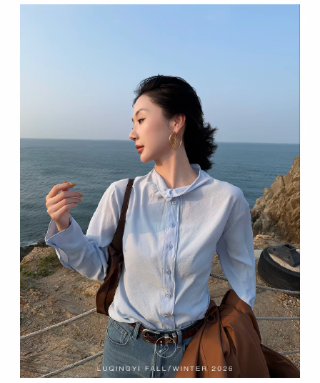 왜가리 녹색 하나 오리지널 구름 산등성이 미니멀리즘 모달 여성 셔츠 가을 스탠드 칼라 느긋한 루즈핏 캐주얼 긴팔 맨위