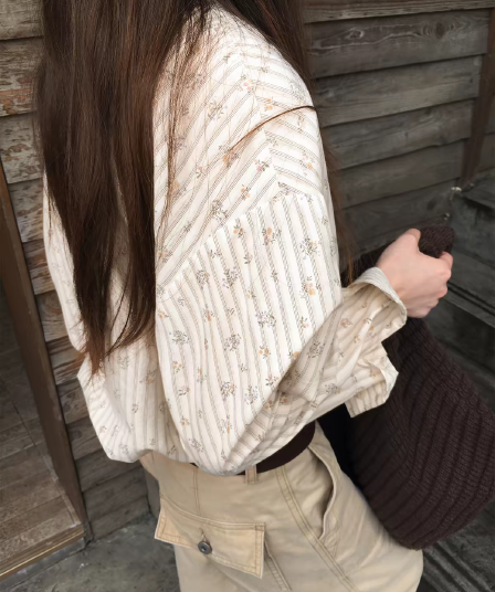 대포 우유 달콤한 꽃무늬 폴로 칼라 스트라이프 꽃무늬 긴팔 루즈핏 셔츠