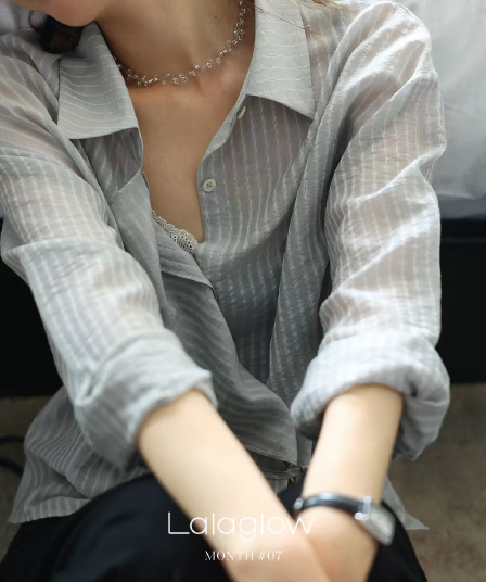 lalaglow 라이 경기 서울 한 부서 미니멀리즘 디자인 센스 느긋한 바람 허리 수축 슬림해 보이는 레이스업 긴팔 스트라이프 셔츠