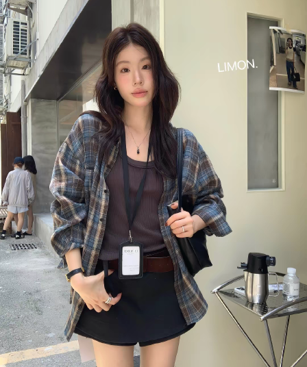 the limon 레몬 녹차 2026 가을 한 부서 체크무늬 여성 셔츠 루즈핏 느긋한 느슨함 센스 셔츠