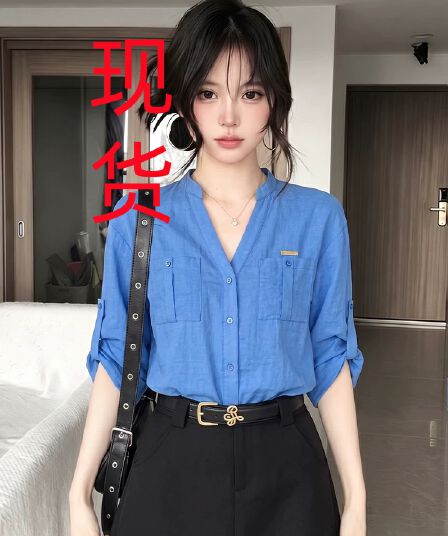 프랑스식 오래된 돈 바람 파란색 POLO 칼라 셔츠 여성 의류 여름 캐주얼 루즈핏 면 린넨 긴팔 자외선 차단 셔츠 재킷