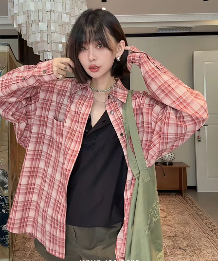 lan deur 청 제인 인간 느슨함 센스 한 부서 루즈핏 캐주얼 느긋한 체크무늬 긴팔 여성 셔츠