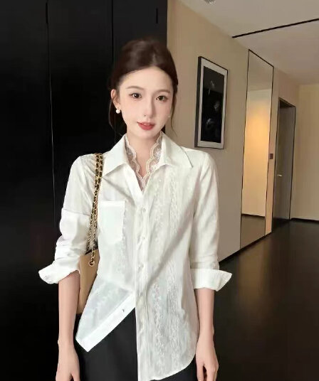 shaoer 화이트 구름 이른 가을 작은 폴로 칼라 긍정적 인 어깨 홀로우 아웃 자수 싱글 줄 버튼 루즈핏 셔츠