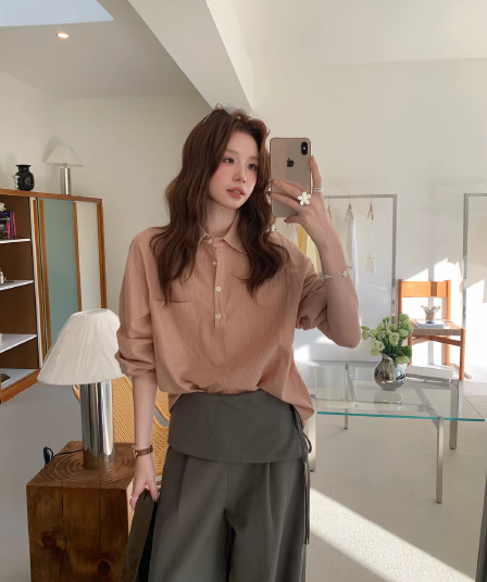 even 하나 원자바오 한 남쪽 그림 한 부서 높음 지혜 센스 출퇴근 느긋한 센스 스트라이프 셔츠 주간 실크 코튼 맨위 여성