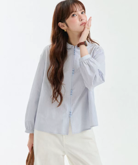 북섬 amuu 오리지널 문예 블루 스트라이프 버섯 버클 순면 여성 셔츠 가을 새로운 한 부서 긴팔 맨위