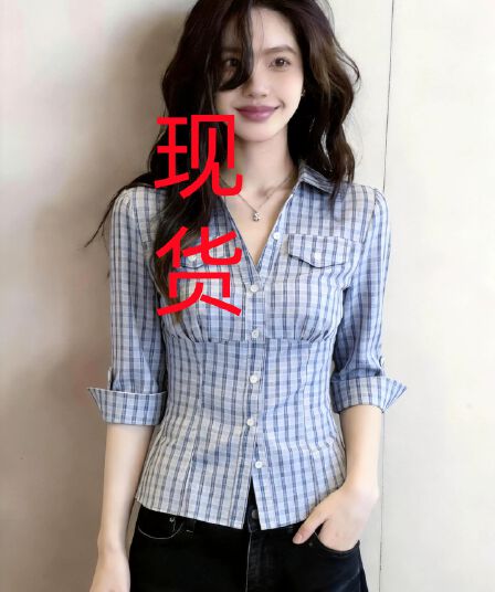 한 부서 레트로 중간 소매 폴로 칼라 체크무늬 여성 셔츠 여름 출퇴근 착용 가져 가라. 디자인 센스 품격 맨위