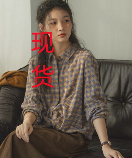 측면 솔기 오리지널 순면 체크무늬 여성 셔츠 가을 출퇴근 폴로 칼라 캐주얼 맨위 루즈핏 다용도 긴팔 셔츠