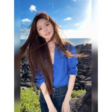 批发韩系蓝色V领防晒长袖衬衫女夏季设计感纯欲宽松薄款百搭衬衣上衣