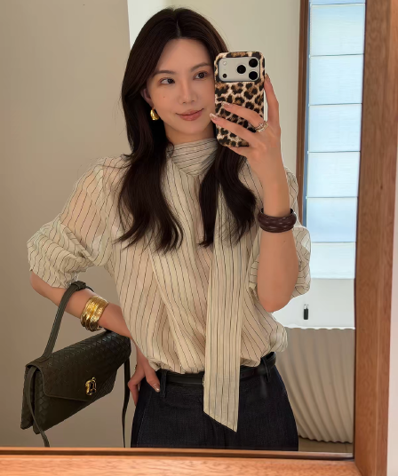 부분 달콤한 sasa 한 부서 스트라이프 리본 셔츠 여성 긴 소매 가을 새로운 출퇴근 다용도 슬림해 보이는 맨위 c8239