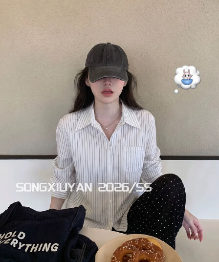 송 보여주기 妍 seniors 한 부서 느슨함 센스 스트라이프 폴로 칼라 셔츠 캐주얼 루즈핏 허리 명중 Pleat 긴팔 셔츠