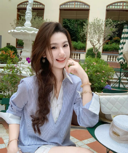 물고기 토끼 한 부서 페이크 레이어드 파란색 여성 셔츠 가을 2026 새로운 디자인 센스 긴팔 스트라이프 셔츠