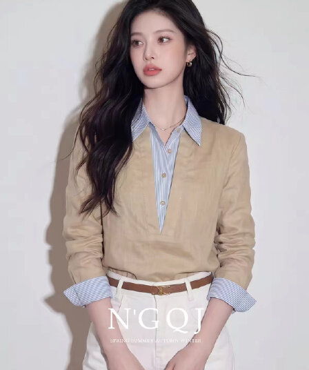 코치 사소한 맨위 여성 2026 가을 높음 지혜 센스 느슨함 출퇴근 오래된 돈 바람 페이크 레이어드 긴팔 폴로 칼라 셔츠