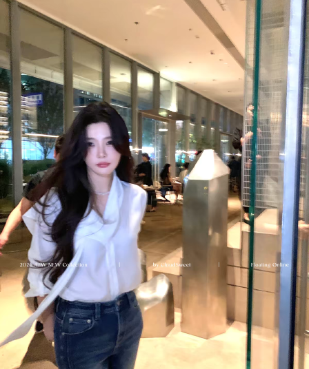 cloudsweet 흰 구름 달콤한 높음 지혜 출퇴근 실크 아세트산 화이트 셔츠 모달 리본 맨위 긴팔