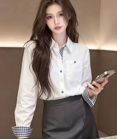 화이트 POLO 칼라 긴팔 셔츠 여성 가을 디자인 센스 프랑스식 패치워크 체크무늬 코치 사소한 셔츠 맨위