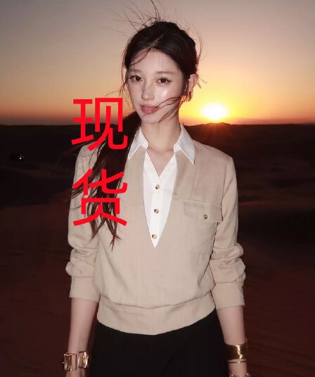 살구 색상 V넥 패치워크 페이크 레이어드 맨위 허리 수축 슬림해 보이는 동점 벨트 주머니 디자인 센스 루즈핏 긴팔 작은 셔츠 여성