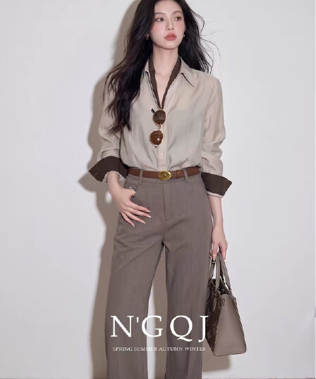 2026 이른 가을 새로운 빛 요리 한 오래된 돈 바람 미니멀리즘 페이크 레이어드 긴팔 셔츠 스트레이트 팬츠 세트 출퇴근 투피스 세트