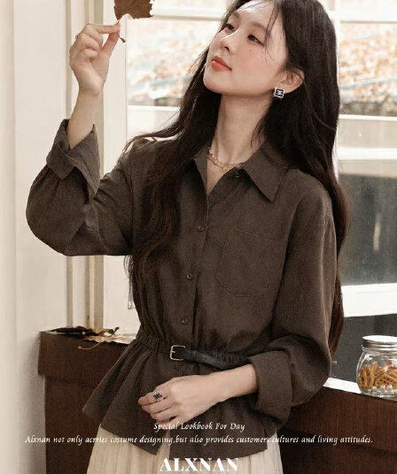 暮 산 커피 언어 아름다움 라드. 커피 색상 폴로 칼라 허리 수축 여성 셔츠 가을 레트로 슬림해 보이는 허리 수축 맨위