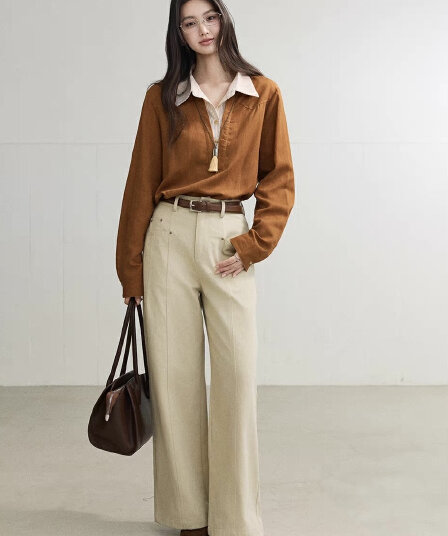 수수께끼 보여주기 100 라미 유럽 니켈 오래된 돈 바람 레트로 페이크 레이어드 스트라이프 POLO 칼라 긴팔 여성 셔츠 가을