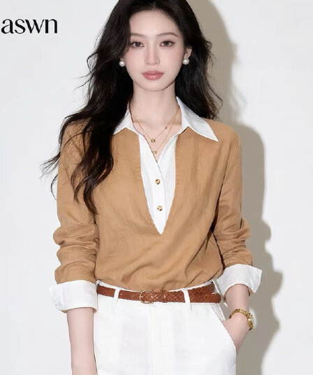 aswn 오래된 돈 바람 레트로 배색 패치워크 페이크 레이어드 여성 셔츠 가을 2026 새로운 프랑스식 코치 사소한 맨위