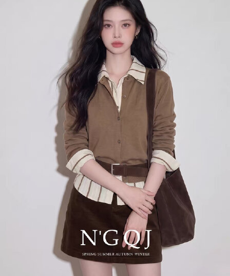 한 부서 레트로 착용 가져 가라. 2026 가을 새로운 부드럽다 스택 가져 가라. 니트 오픈 가디건 반신 스커트 패션 출퇴근 세트 여성