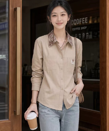 2026 가을 새로운 빛 요리 한 미니멀리즘 바람 카키 색 폴로 칼라 셔츠 여성 긴 소매 품격 디자인 센스 출퇴근 맨위