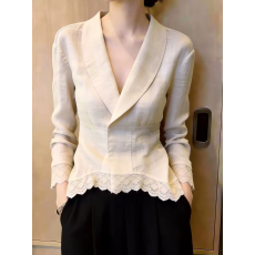 批发法式气质蕾丝拼接<b class='q'>西装</b>领上衣女2026秋季新款杏色收腰显瘦百搭通勤