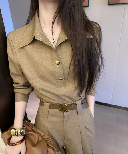 pinkeen 커피 색상 오래된 돈 바람 POLO 칼라 풀오버 여성 셔츠 가을 2026 새로운 다용도 품격 긴팔 맨위