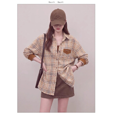 批发复古<b class='q'>休闲</b>风蓝棕双格纹撞色拼接上衣长袖衬衫女款2026新款韩系穿搭