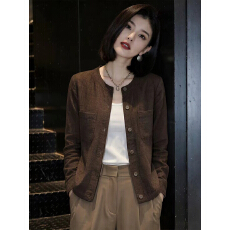 批发咖色圆领长袖<b class='q'>衬衫</b>女士2026秋季新款时尚减龄宽松慵懒开衫外套上衣