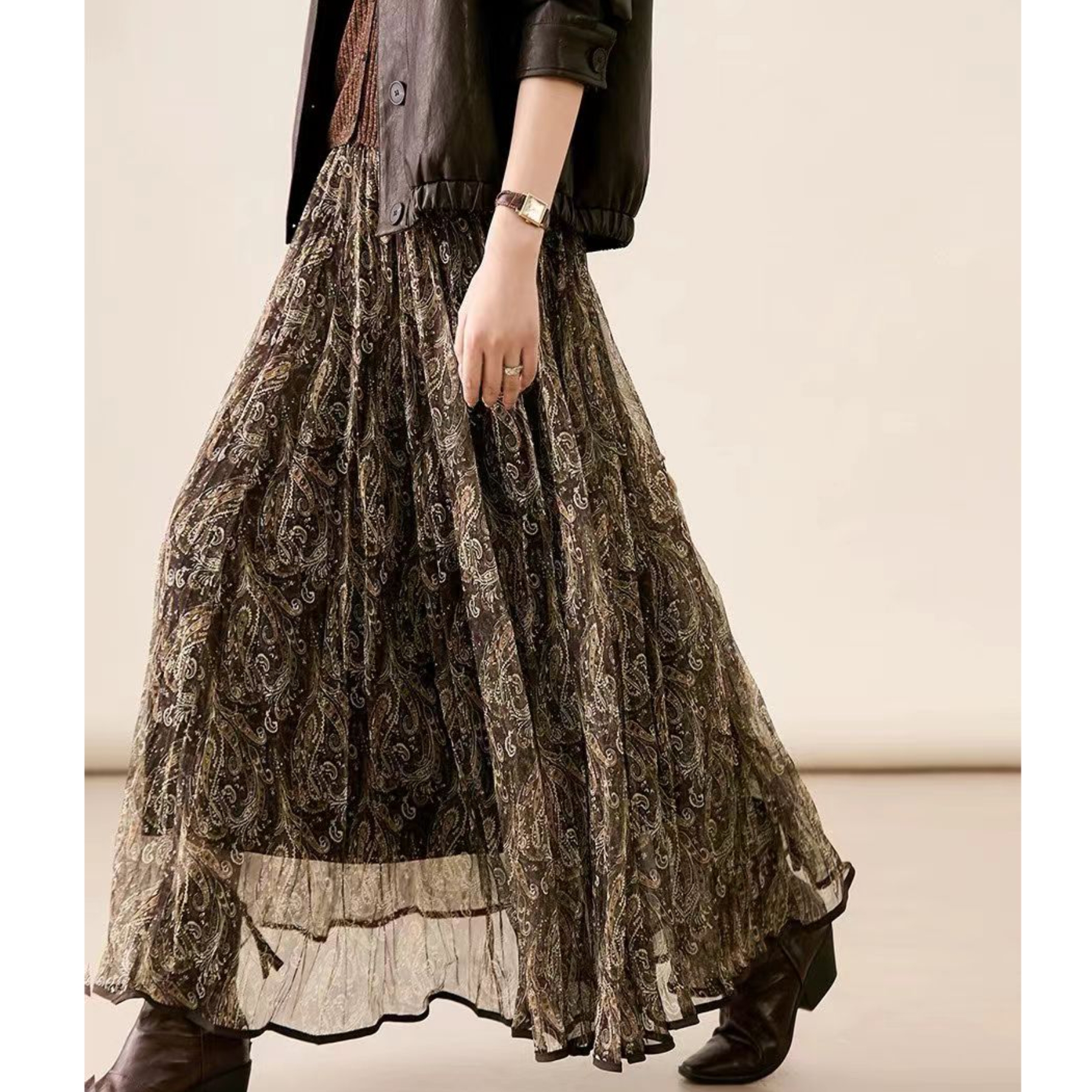 の 웃음 한 법원 바람 불어 오는 중 물결무늬 빛 치마 오래된 시간 프린트 허리밴드 큰 진자 중간 길이 반신 스커트 여성