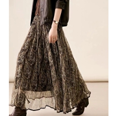 の笑涵阁 风吹波浪轻飘裙 旧时光印花松紧腰大摆中长半身裙女