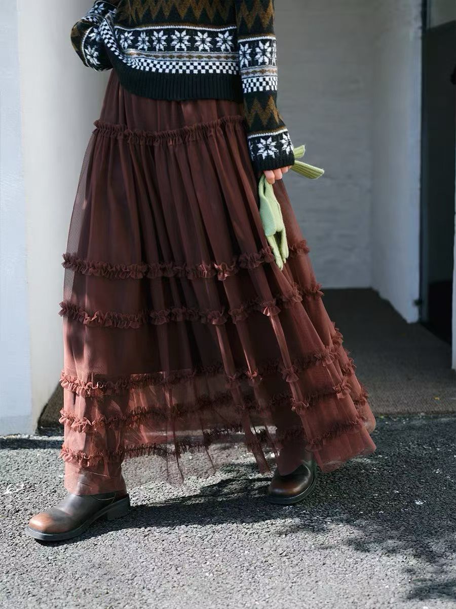 유럽 역 2026 봄 가을 하이웨이스트 망사 목이버섯 레이스 화이트 반신 스커트 여성 케이크 드레스 롱 코트 거즈 스커트