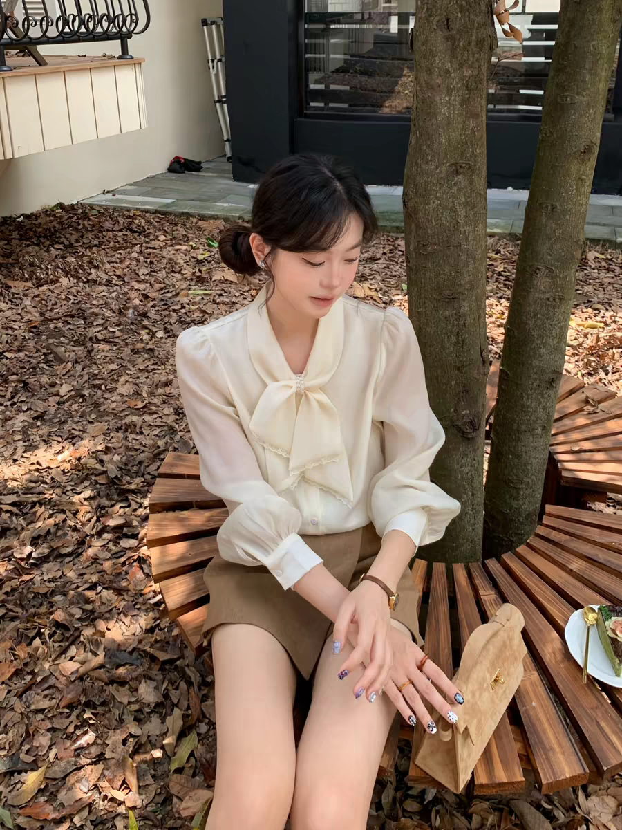 moby 일본식 천 골드 矜贵 센스 진주 나비 매듭 주간 실크 여성 셔츠 프랑스식 긴팔 인사이드 잡아라. 의류 가을 겨울