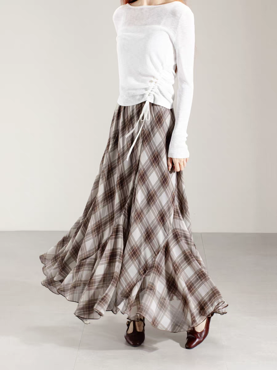 새로운 디자인 센스 품격 불규칙 패치워크 체크무늬 반신 스커트 롱 스커트 여성 봄 가을 허리밴드 도루 센스 쉬폰 스커트