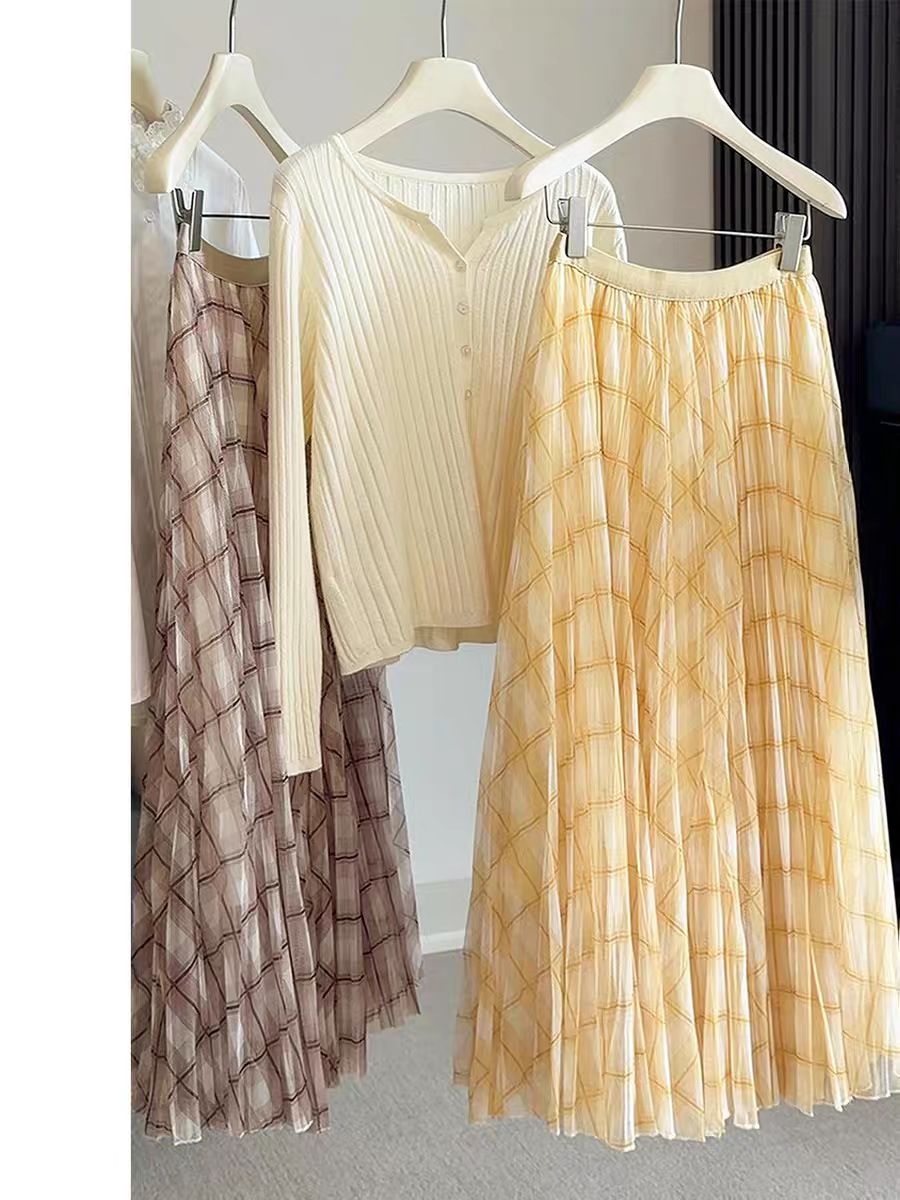 레트로 체크무늬 망사 치마 여성 2026 아름다운 고유 한 반신 스커트 품격 다용도 하이웨이스트 슬림해 보이는 한 마디 플리츠 스커트