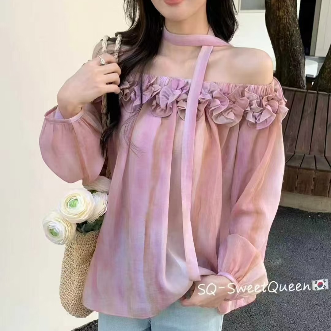 sq- 가스 top 왕 프랑스식 낭만주의 분위기 센스 레이스 그라데이션 오프숄더 맨위 작은 셔츠 경기 리본 2250q