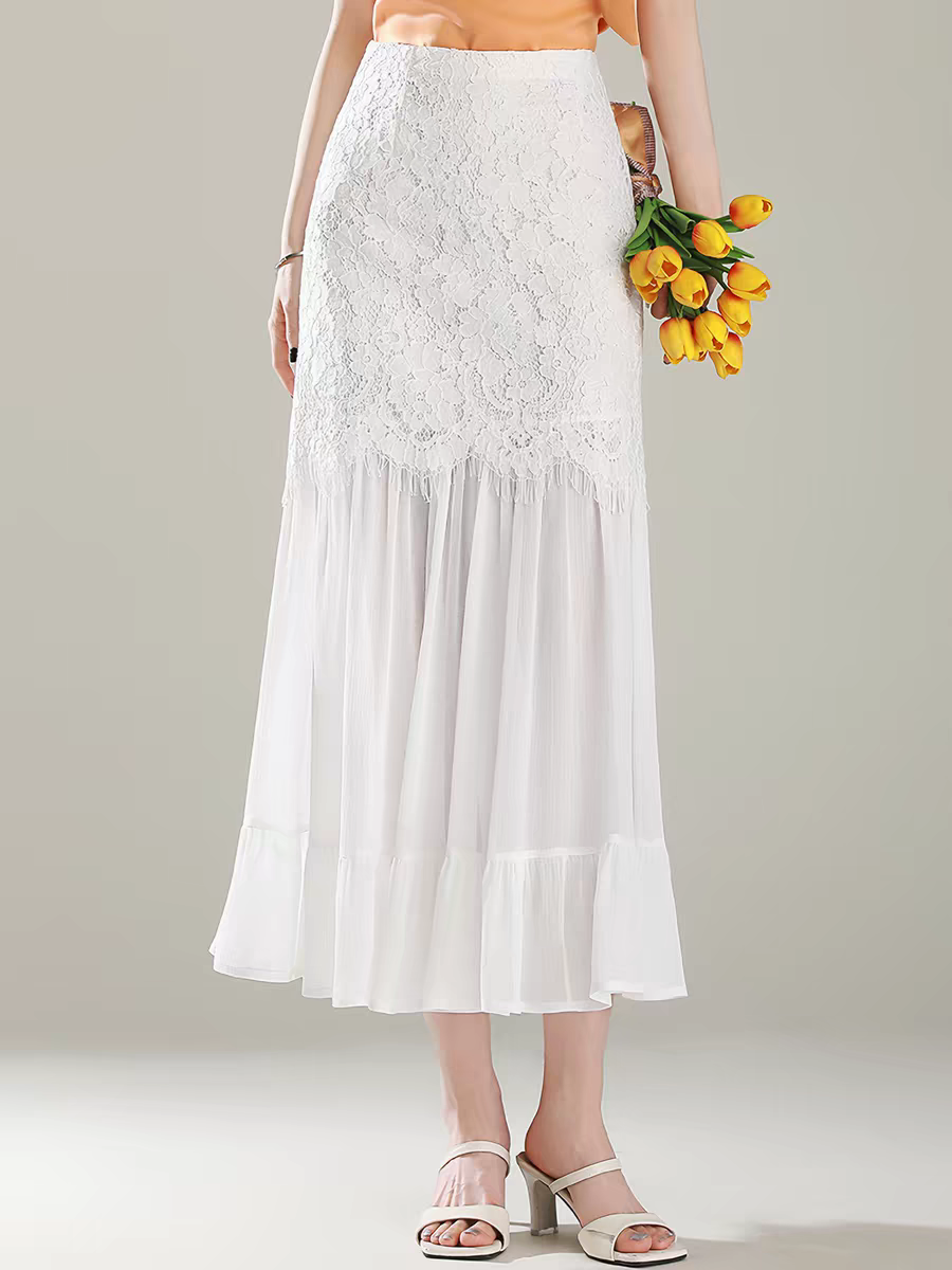 화이트 고급 센스 레이스 조각 거즈 스커트 반신 스커트 여성 여름 얇은 스타일 하이웨이스트 슬림해 보이는 다용도 타이트 스커트 인어 꼬리 스커트