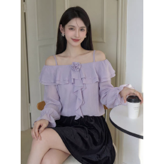 批发2026早春温柔风荷叶边一字肩雪纺衫女<b class='q'>花朵</b>装饰仙气上衣