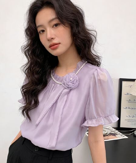 실사 여름 새로운 진주 장미 리본 명문 여성 바람 품격 여성 셔츠 절묘한 보라색 고급 센스 맨위 여성