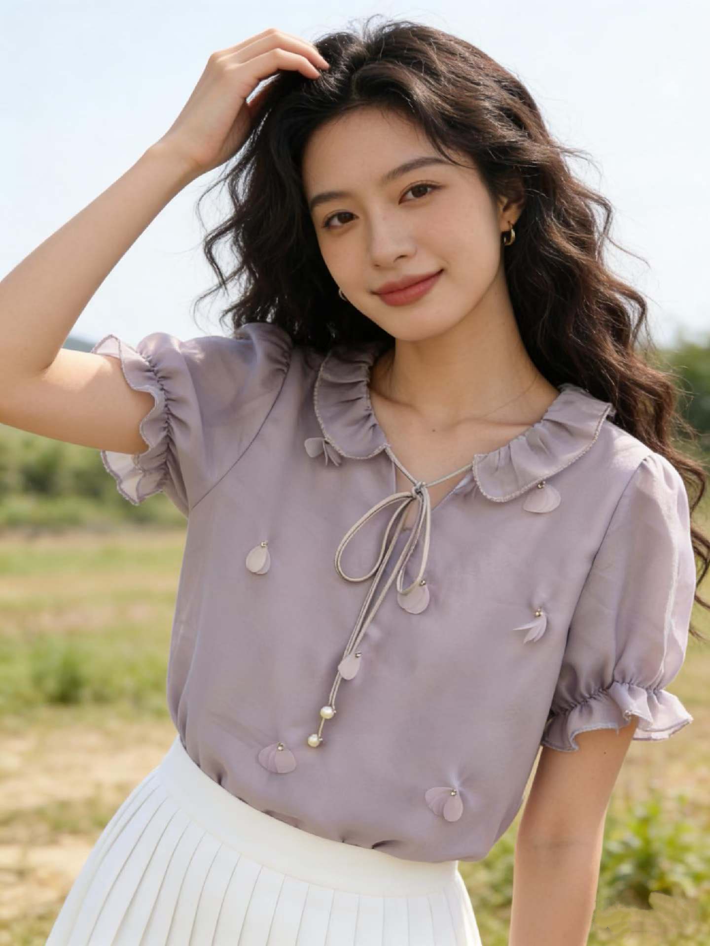 실사 프랑스식 반팔 셔츠 2026 새로운 여성 여름 3 차원 꽃 루즈핏 셔츠 트렌드 보라색 맨위