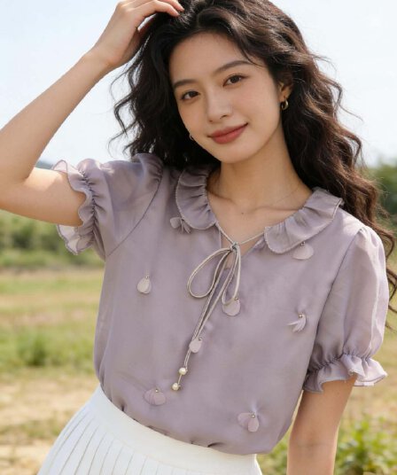 실사 프랑스식 반팔 셔츠 2026 새로운 여성 여름 3 차원 꽃 루즈핏 셔츠 트렌드 보라색 맨위