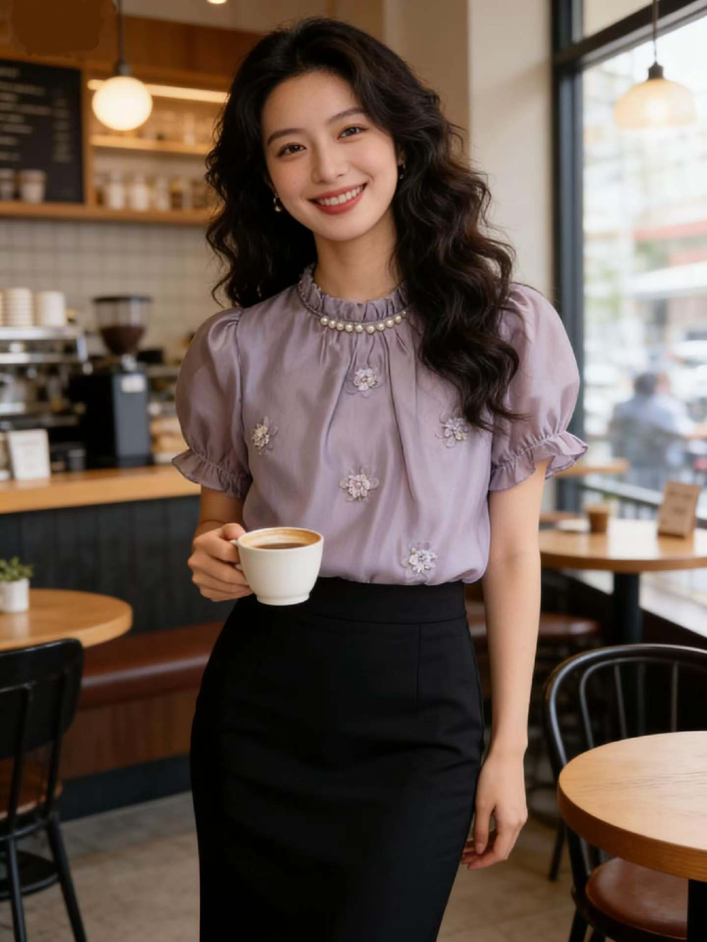 실사 프랑스식 품격 3 차원 꽃 반팔 여성 셔츠 2026 여름 새로운 부드러운 비즈 박기 맨위 거품 소매